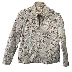 Drapers & Damons Jacket Sz L Zip Front White Blue Floral Embroidery-Stain